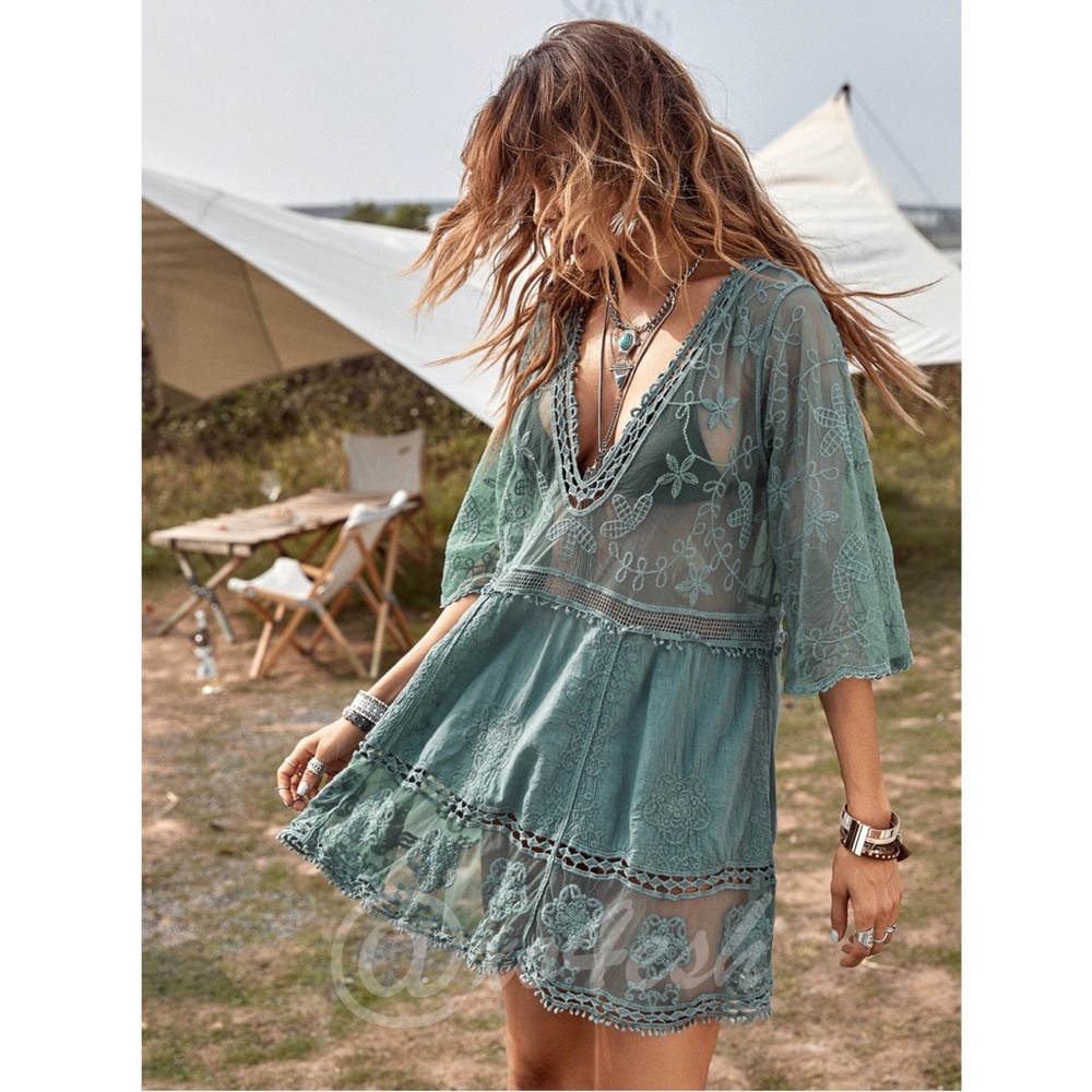 Dusty Green Lace Coverup Dress Tunic Bohemian Short - Picture 3 of 10